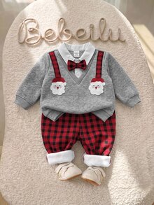 SHEIN 兒童新生兒聖誕衛衣與格子冬季長褲套裝 - 灰色 - 查看 2