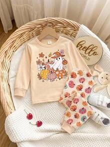SHEIN Baby Girl Halloween Cartoon Graphic Pajamas Set - Pink - View 5