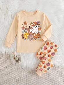 SHEIN Baby Girl Halloween Cartoon Graphic Pajamas Set - Pink - View 4