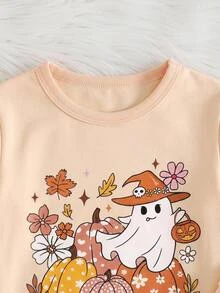 SHEIN Baby Girl Halloween Cartoon Graphic Pajamas Set - Pink - View 3
