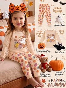 SHEIN Baby Girl Halloween Cartoon Graphic Pajamas Set - Pink - View 1