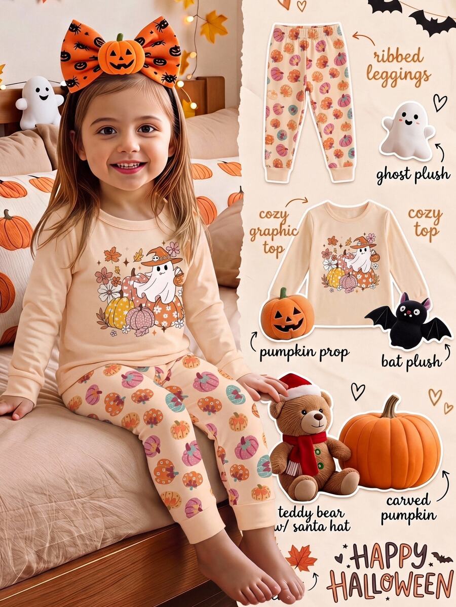 SHEIN Baby Girl Halloween Cartoon Graphic Pajamas Set - Pink - View 1