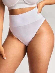 SHEIN 1pc High Waist Vertical Ribbed Seamless Body-Hugging Plus Size Thong Panty With Wide Waistband - White - View 2