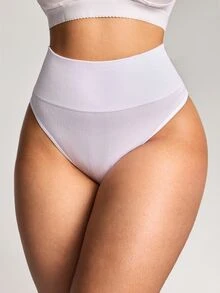 SHEIN 1pc High Waist Vertical Ribbed Seamless Body-Hugging Plus Size Thong Panty With Wide Waistband - White - View 8