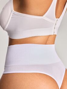SHEIN 1pc High Waist Vertical Ribbed Seamless Body-Hugging Plus Size Thong Panty With Wide Waistband - White - View 3