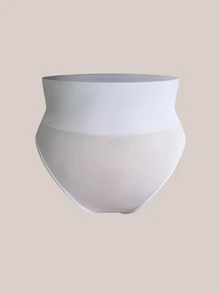 SHEIN 1pc High Waist Vertical Ribbed Seamless Body-Hugging Plus Size Thong Panty With Wide Waistband - White - View 9
