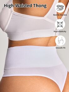 SHEIN 1pc High Waist Vertical Ribbed Seamless Body-Hugging Plus Size Thong Panty With Wide Waistband - White - View 7