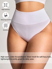 SHEIN 1pc High Waist Vertical Ribbed Seamless Body-Hugging Plus Size Thong Panty With Wide Waistband - White - View 4