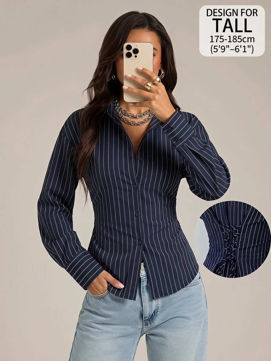 SHEIN Tall Women's Autumn Casual Commute Striped Criss-Cross Tie Waist Blouse - Navy Blue - View 1