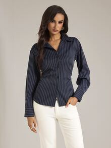SHEIN Tall Women's Autumn Casual Commute Striped Criss-Cross Tie Waist Blouse - Navy Blue - View 7