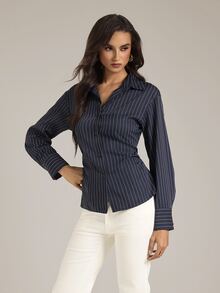SHEIN Tall Women's Autumn Casual Commute Striped Criss-Cross Tie Waist Blouse - Navy Blue - View 8
