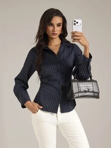 SHEIN Tall Women's Autumn Casual Commute Striped Criss-Cross Tie Waist Blouse - Navy Blue - View 5