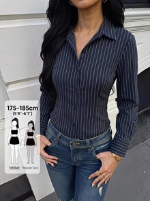 SHEIN Tall Women's Autumn Casual Commute Striped Criss-Cross Tie Waist Blouse - Navy Blue - View 4
