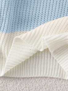 SHEIN 1pc Girls' Sweater, Fashionable Minimalist Round Neck Three-Color Striped Patchwork, Gentle Fresh Cute Style, Regular Thickness, Neat Hem, Tight Cuffs, Pullover Design, Smooth Touch, Suitable For Daily Wear, Outings, School And Other Occasions, Autumn/Winter Outfit - Blue - View 6
