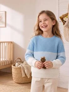 SHEIN 1pc Girls' Sweater, Fashionable Minimalist Round Neck Three-Color Striped Patchwork, Gentle Fresh Cute Style, Regular Thickness, Neat Hem, Tight Cuffs, Pullover Design, Smooth Touch, Suitable For Daily Wear, Outings, School And Other Occasions, Autumn/Winter Outfit - Blue - View 7