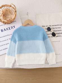 SHEIN 1pc Girls' Sweater, Fashionable Minimalist Round Neck Three-Color Striped Patchwork, Gentle Fresh Cute Style, Regular Thickness, Neat Hem, Tight Cuffs, Pullover Design, Smooth Touch, Suitable For Daily Wear, Outings, School And Other Occasions, Autumn/Winter Outfit - Blue - View 2