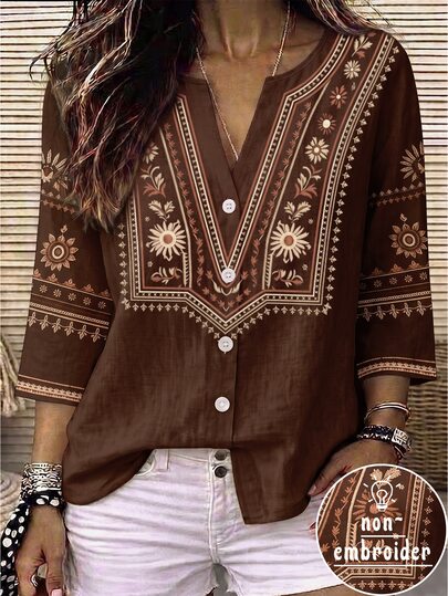 Breezaya Blusa casual vintage con stampa bohémien, scollo a V, maniche 3/4, taglie forti, autunnale