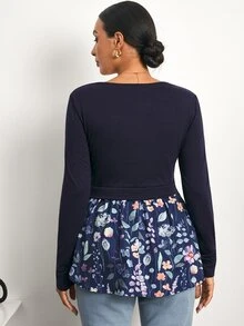 SHEIN Maternity Floral Print Colorblock Nursing Casual Everyday Top Fall - Navy Blue - View 7