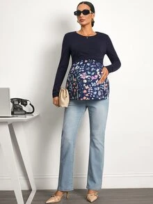 SHEIN Maternity Floral Print Colorblock Nursing Casual Everyday Top Fall - Navy Blue - View 6