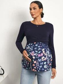 SHEIN Maternity Floral Print Colorblock Nursing Casual Everyday Top Fall - Navy Blue - View 4