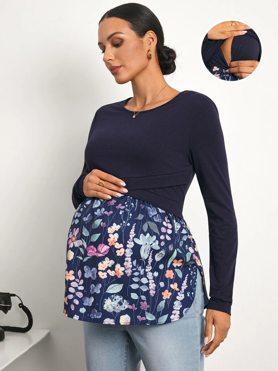 SHEIN 孕婦花卉印花拼色哺乳休閒日常上衣 秋季 - 藏蓝色 - 查看 1