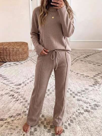 Zayélia Conjunto casual de 2 piezas para mujer con camiseta de manga larga de cuello alto y pantalones de unicolor