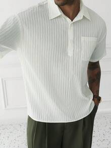 HUEFORM Men's Summer Old Money Style Textured Crinkle Half-Button Casual Shirt Top - White - View 3