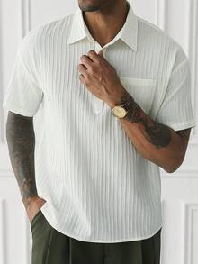 HUEFORM Men's Summer Old Money Style Textured Crinkle Half-Button Casual Shirt Top - White - View 4