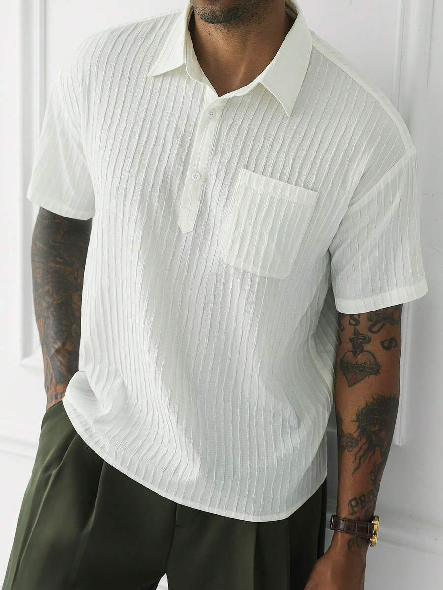 HUEFORM Men's Summer Old Money Style Textured Crinkle Half-Button Casual Shirt Top - White - View 1
