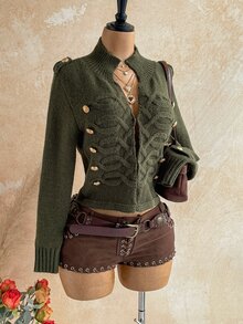 Soleia 女款橄欖綠復古軍風翻領肩章金屬鈕扣粗針編織短版開襟針織外套，秋季夜間穿搭 - 軍綠色 - 查看 5