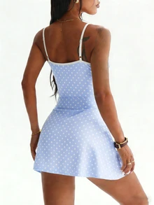 CourtClass CourtClass Women's Spring/Summer Golf Sports Dress,Spaghetti Strap,Polka Dot Print,Contrast Color Waistband,Front Slit,Detachable Shorts With Pockets,Tennis,Gym - Blue - View 3