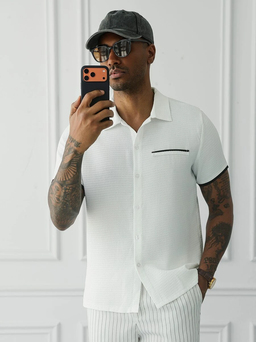 HUEFORM Men's Contrast Detail Small Waffle Texture Fabric Casual Shirt - White - View 1
