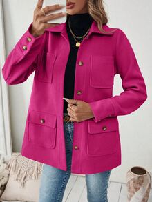 SHEIN PariChic Simple Solid Color Multi-Pocket Casual Jacket, Autumn Fall Winter Cloth For Women - Hot Pink - View 7