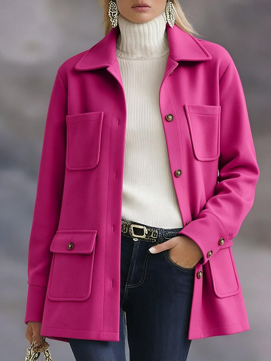 SHEIN PariChic Simple Solid Color Multi-Pocket Casual Jacket, Autumn Fall Winter Cloth For Women - Hot Pink - View 1