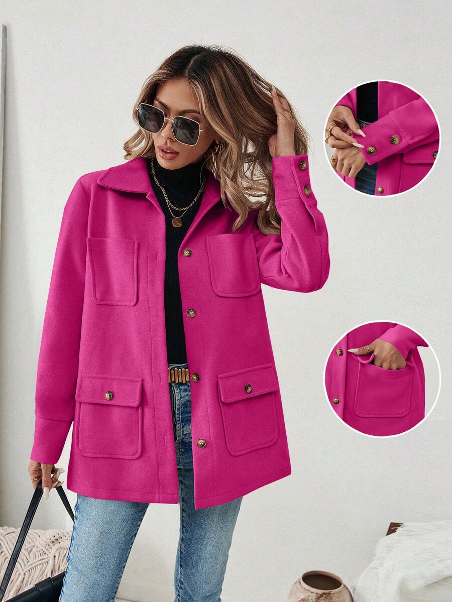 SHEIN PariChic Simple Solid Color Multi-Pocket Casual Jacket, Autumn Fall Winter Cloth For Women - Hot Pink - View 1