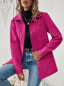 SHEIN PariChic Simple Solid Color Multi-Pocket Casual Jacket, Autumn Fall Winter Cloth For Women - Hot Pink - View 8