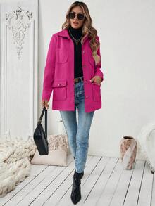 SHEIN PariChic Simple Solid Color Multi-Pocket Casual Jacket, Autumn Fall Winter Cloth For Women - Hot Pink - View 4