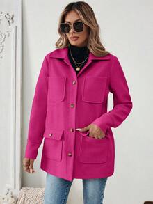 SHEIN PariChic Simple Solid Color Multi-Pocket Casual Jacket, Autumn Fall Winter Cloth For Women - Hot Pink - View 6