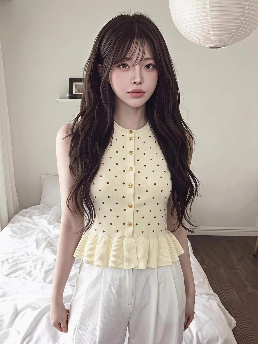 Serisse 女款黑白波點圖案荷葉邊針織背心,適合早午餐,秋季法式優雅風 - 淡黃色 - 查看 1
