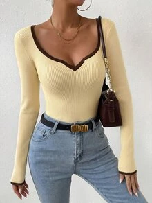 SHEIN 女款撞色長袖修身套頭針織衫，棕色調，秋季休閒早午餐外出穿搭 - 杏色 - 查看 6