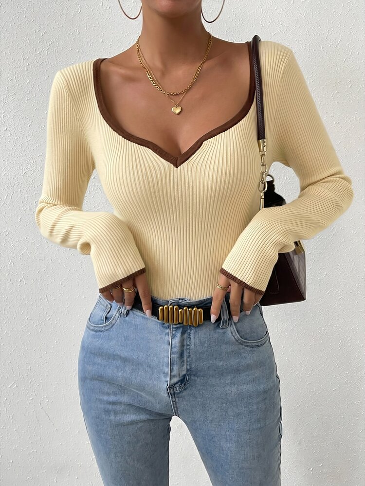 SHEIN Women's Contrast Color Long Sleeve Fitted Pullover Sweater Brunch Going Out Shades Of Brown Autumn Casual - Apricot - View 8