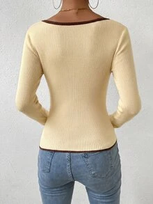 SHEIN 女款撞色長袖修身套頭針織衫，棕色調，秋季休閒早午餐外出穿搭 - 杏色 - 查看 2