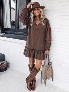 LanaWest Women's Solid Color Pleated V-Neck Casual Daily Summer Dress - Coffee - View 5