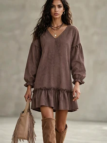 LanaWest Women's Solid Color Pleated V-Neck Casual Daily Summer Dress - Coffee - View 4