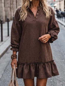 LanaWest Women's Solid Color Pleated V-Neck Casual Daily Summer Dress - Coffee - View 6
