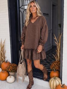 LanaWest Women's Solid Color Pleated V-Neck Casual Daily Summer Dress - Coffee - View 1