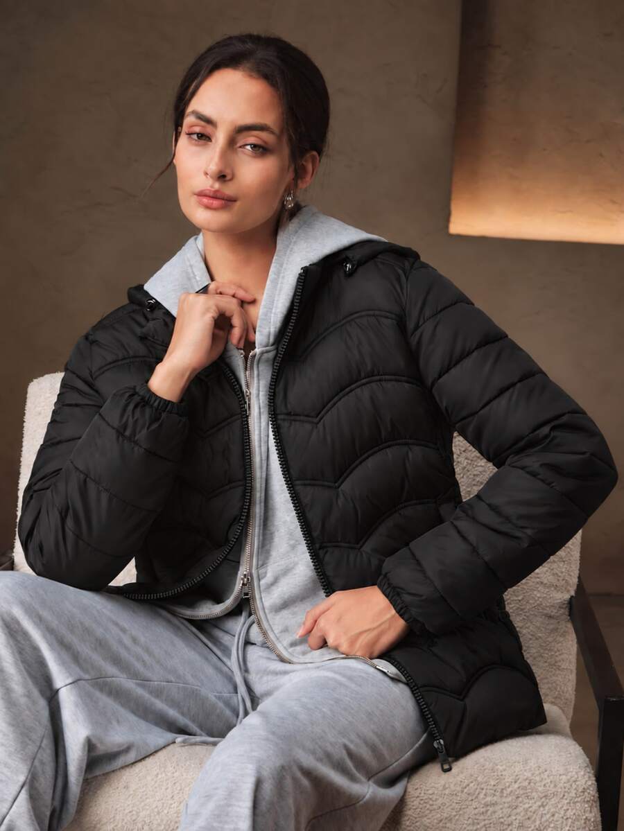 Anewsta Autumn/Winter Black Short Hooded Padded Coat - Black - View 1