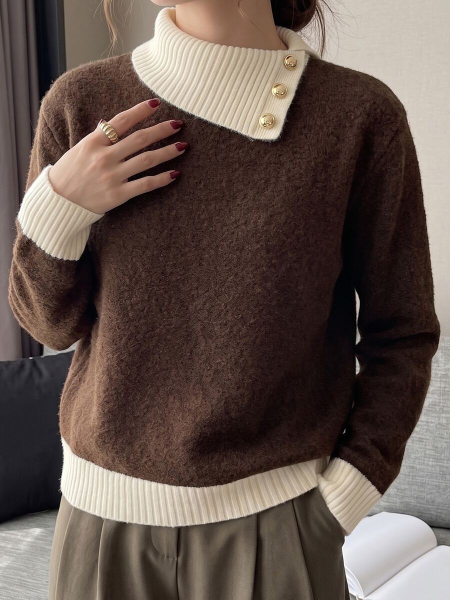 Vintamour Women's Asymmetric Collar Half High Neck Knit Sweater, Autumn Winter Side Gold Button Contrast Color Ribbed Loose Pullover Top - Brown - View 1