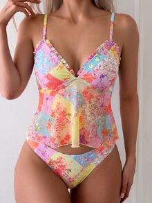 SHEIN Swim Women's Summer Beach Vacation Floral Frill Trim Top Camisole Bikini Set Pink Modest Breezy - Multicolor - View 4