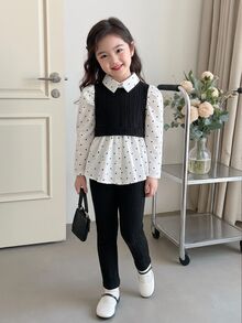 SHEIN 小女孩 2件套套裝，2合1上衣，白色印花長袖襯衫，紋理長褲，休閒嬰兒日常穿搭，適合1歲生日、7歲生日、秋季 - 黑與白 - 查看 5